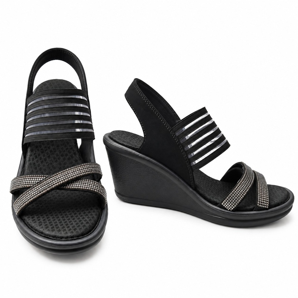 SKECHERS Cali Rumblers Modern Maze Wedge Sandal Sz 9 Black Rhinestone Strappy